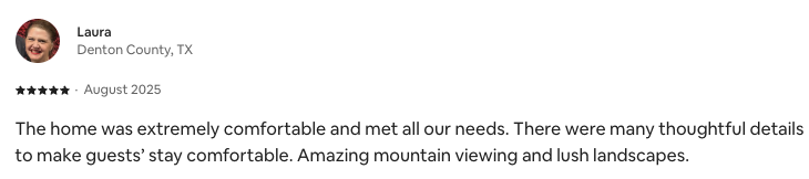 Five-star guest review from Laura, August 2025. Expand the review heading above for the full text.